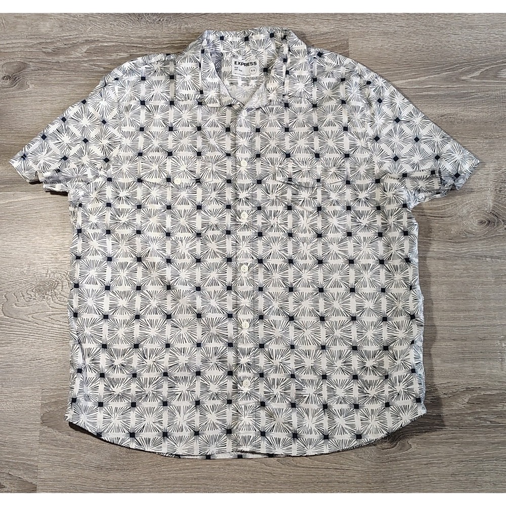 Express Button Shirt Men's XL Slim Soft Wash White Short Sleeve All Over Burst